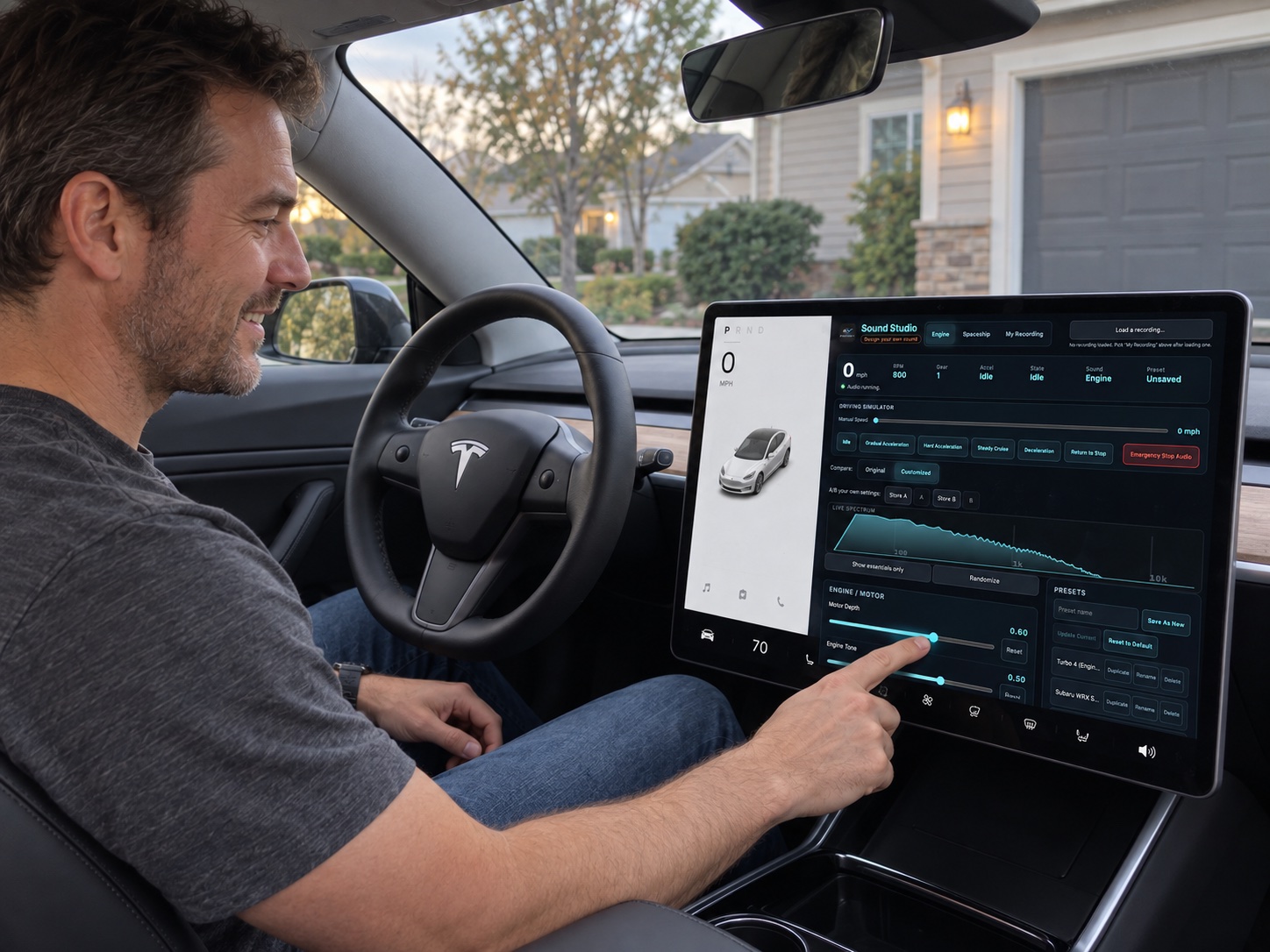 A man creating a custom EV sound in Sound Studio on a parked Tesla’s touchscreen