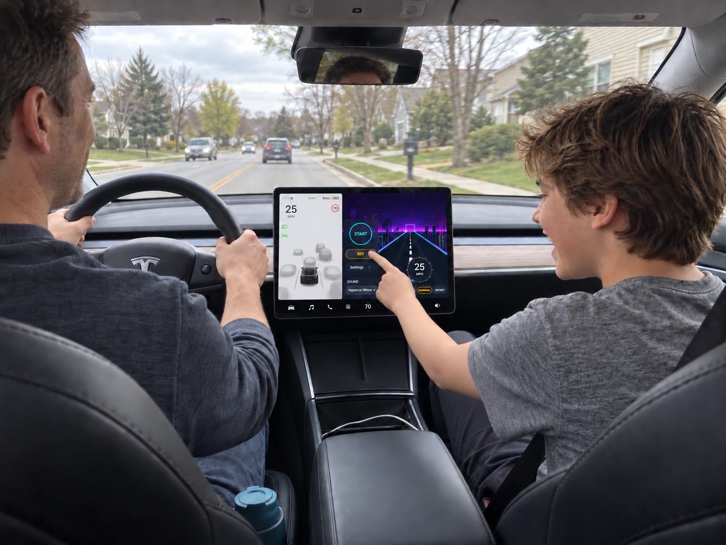 A father and son sharing the EV Sound FX experience on a Tesla’s touchscreen