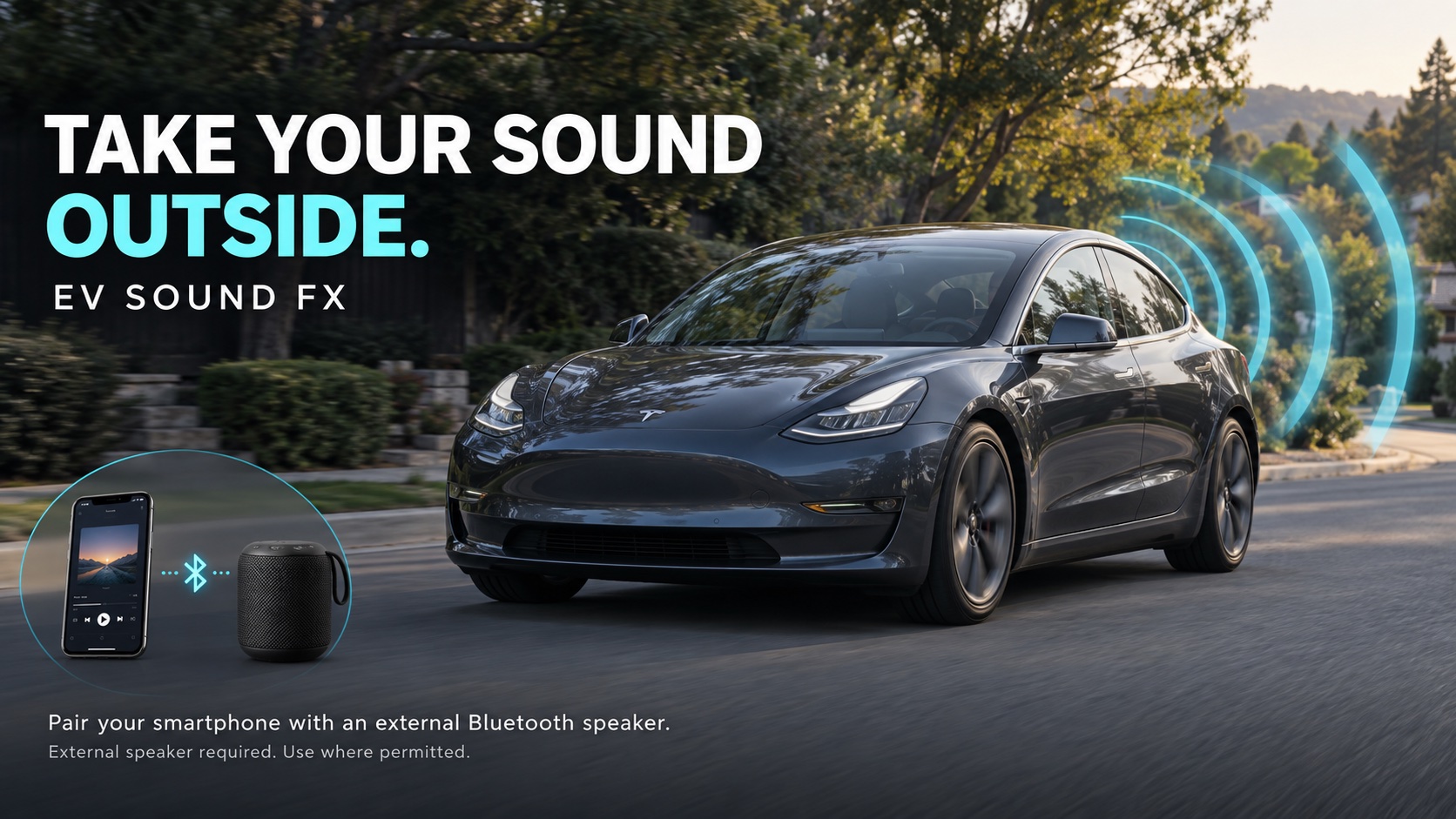 EV Sound FX artwork showing a Tesla with sound waves and a phone paired to an external Bluetooth speaker